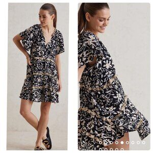 Anthropologie Tiered Mini Dress Women Medium Black Floral Tiered Flared Sleeves